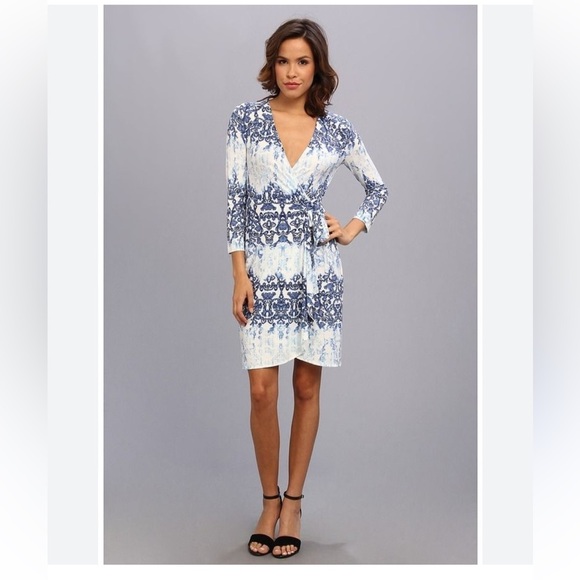 BCBGMaxAzria Adele Blue and White Long Sleeve wrap Dress - medium - Picture 1 of 8